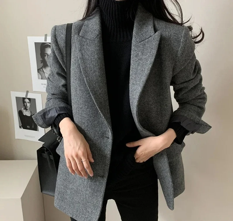 

Korean Chic Spring Autumn Retro Style Two Button Loose Long Sleeve Notched