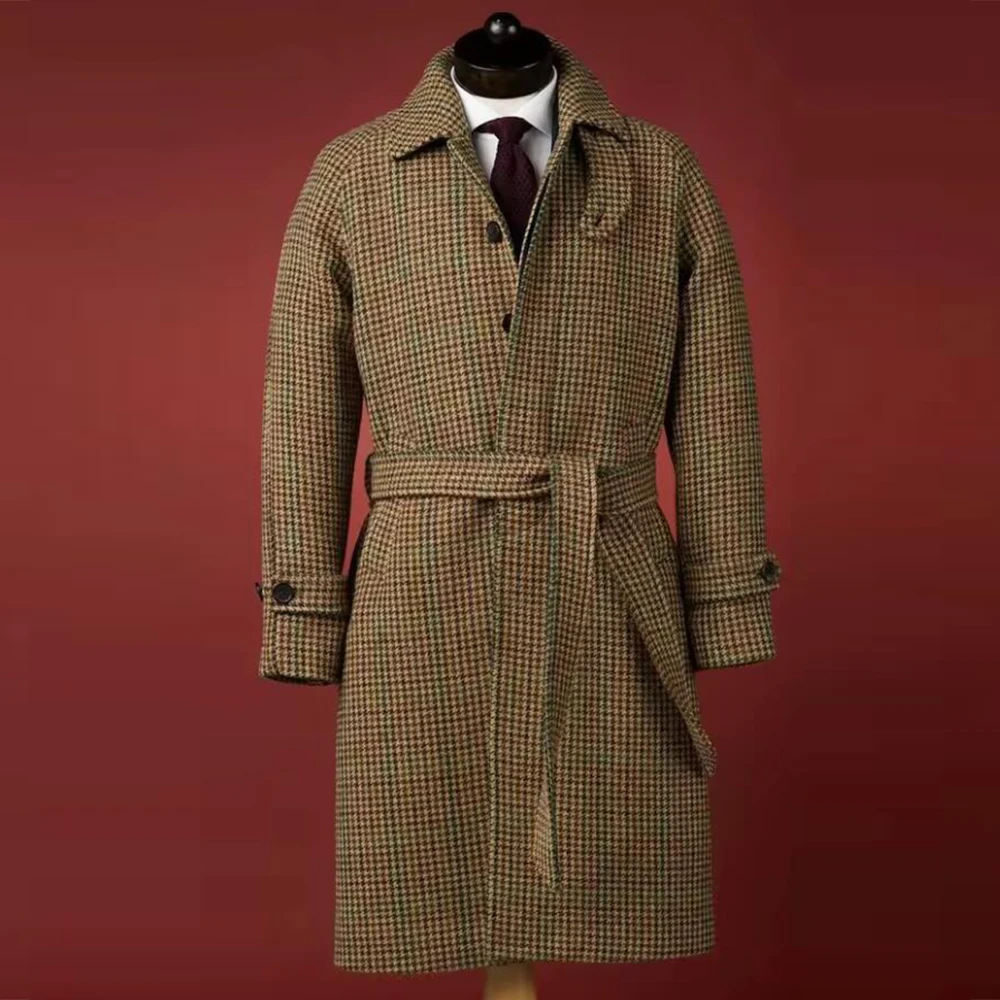 

Modern Plaid Men Coat Customized 1 Piece Blazer Overcoat With Belt Winter Warm Outfits Man Fashion Wedding Groom Prom Tuxedos