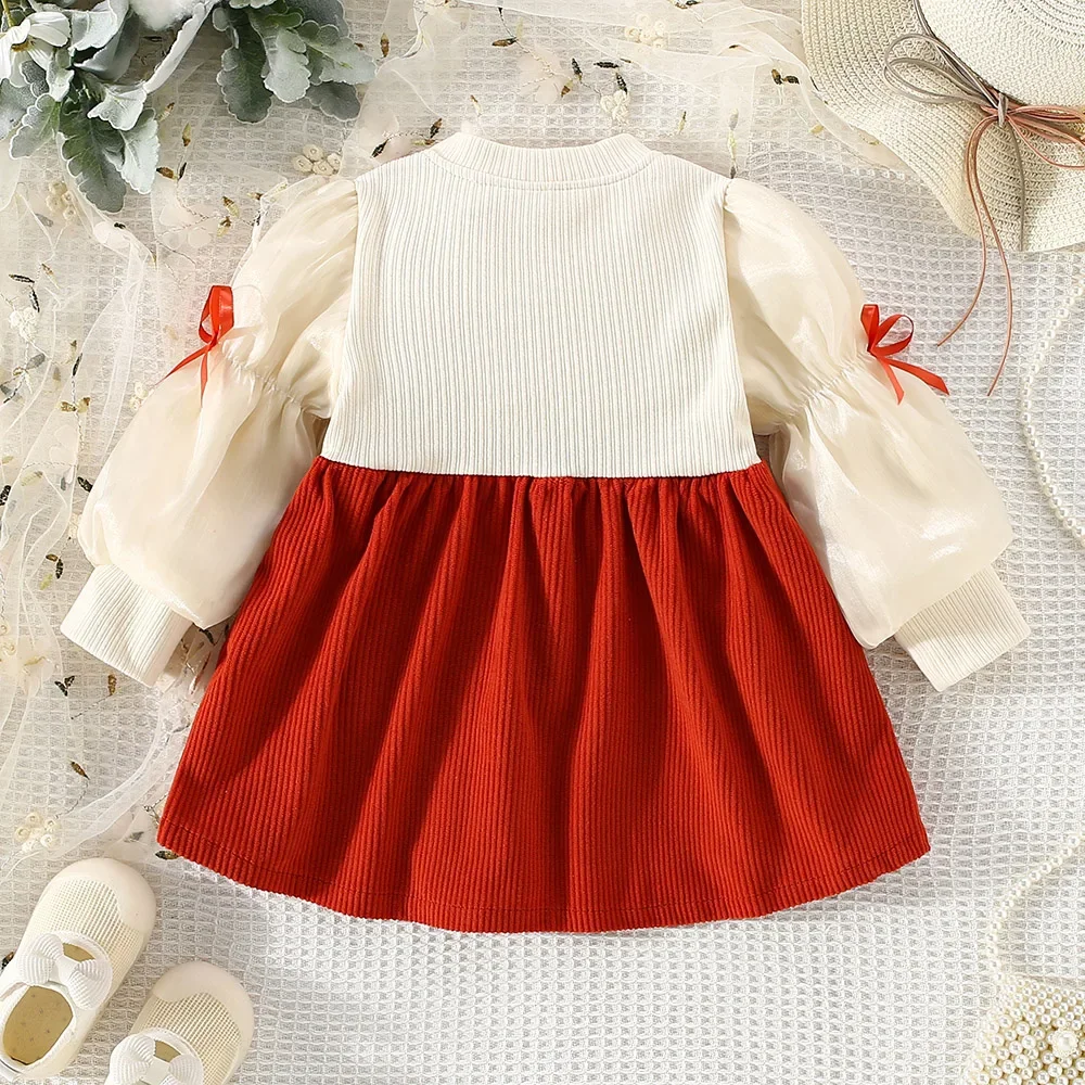 Spring And Autumn New Baby Girl Dress Long Sleeve Suspenders Lace Pleated Flowers Decorated Fake Two Birthday Party Team Dresses