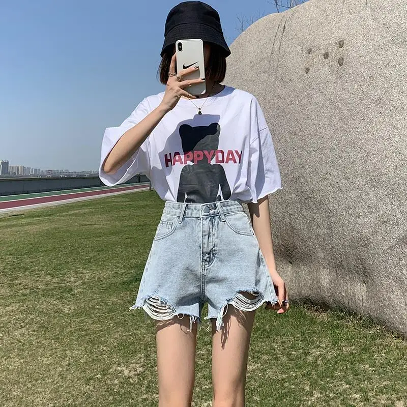 High Waist Summer Trend Patchwork Jeans Women Clothes Casual Buttons Irregular Shorts Femme Korean Pocket Denim Hole Tassel