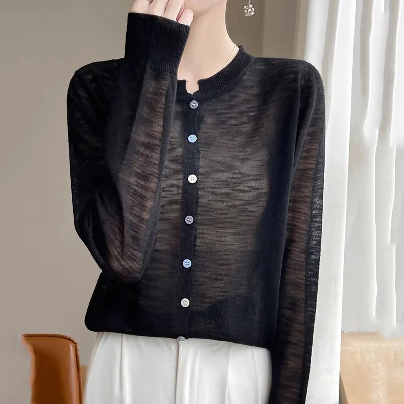 Summer New Women's Sunscreen Ice Silk Cardigan Long Sleeve Loose Breathable Cool Knitted Tops Sexy Transparent O-Neck Cardigans