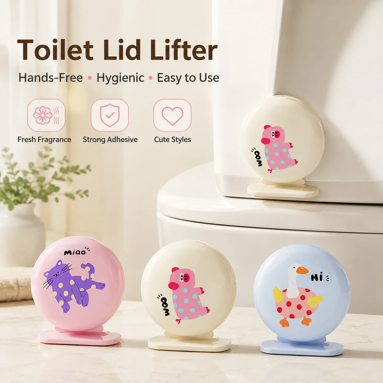3-Piece Set Cartoon Toilet Lid Lifter Handles with Scented Tablets, No-Touch Hygienic Toilet Seat Handles, Cute ABS Bathroom Acc