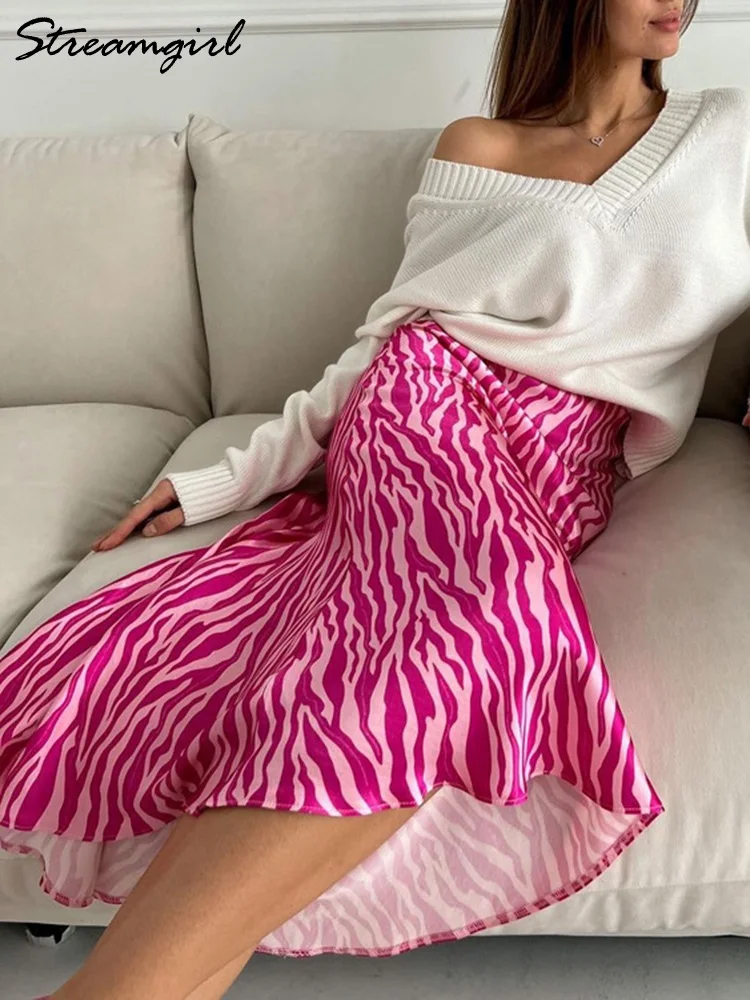 Streamgirl Elegant A Line Maxi Satin Skirt For Women Office Fish Tail Leopard Print Skirt Long Pink Skirts Women Summer 2023