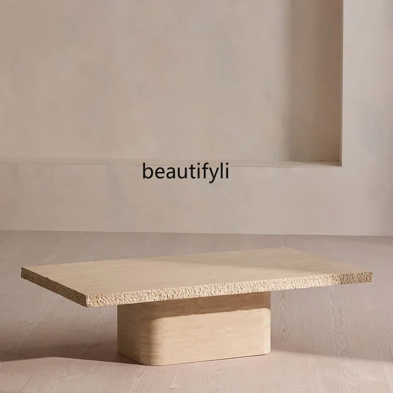 

French natural travertine coffee table designer living room light luxury simple high-end coffee table53