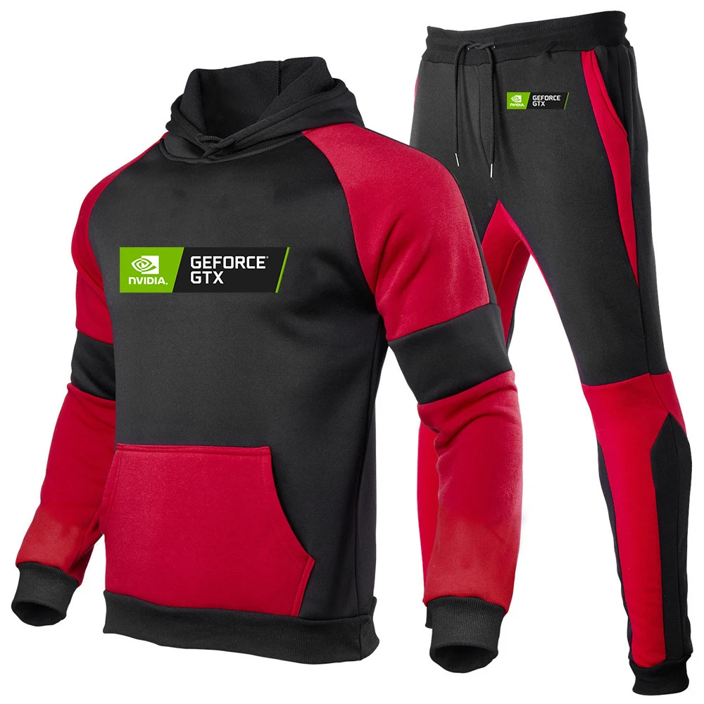 2025 Spring Autumn Men's NVIDIA Logo Print Fashion Patchwork Cotton Hoodies Sets Popular Hooded Pullover+Leisure Sweatpants Suit