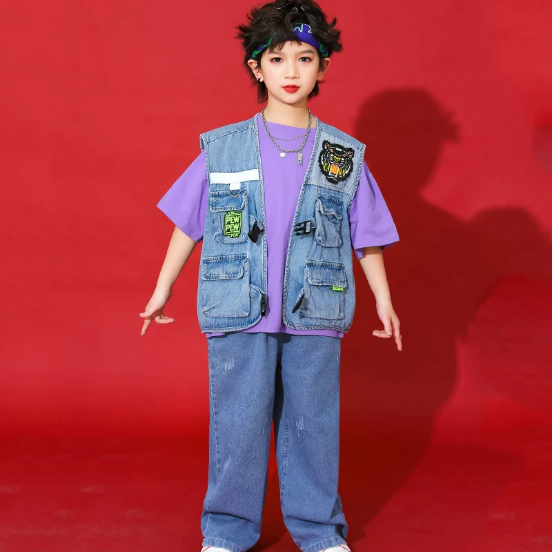 Nuovi bambini costumi di danza Hip Hop gilet Denim vestito allentato ragazzi Jazz Street Dance Wear ragazze Performance Rave Clothes DQS12327