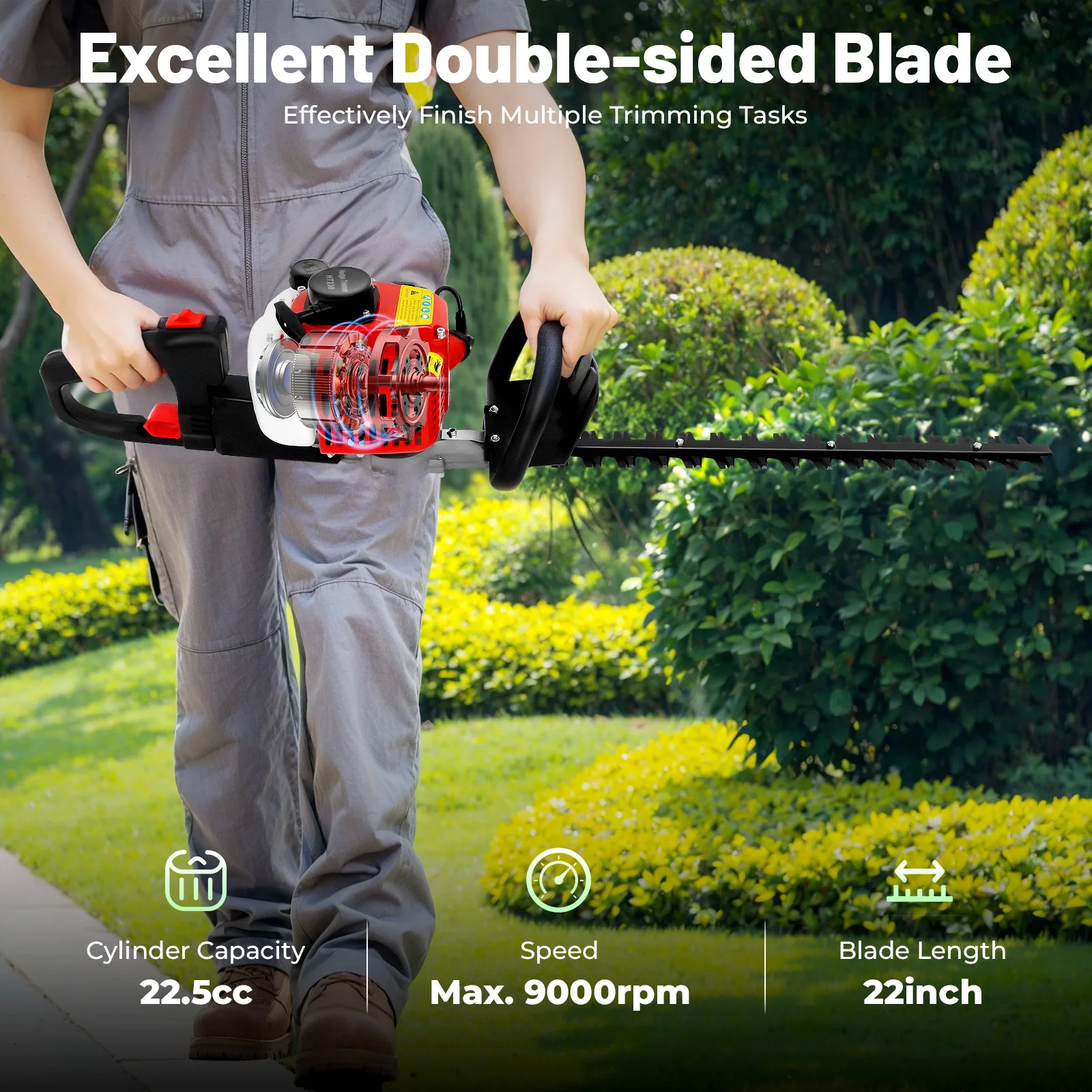 Taille-haie à essence, 22,5 cm³, à longue portée, lame de 56 cm, débroussailleuse pour l'entretien des jardins et des parcs, 9000 tr/min