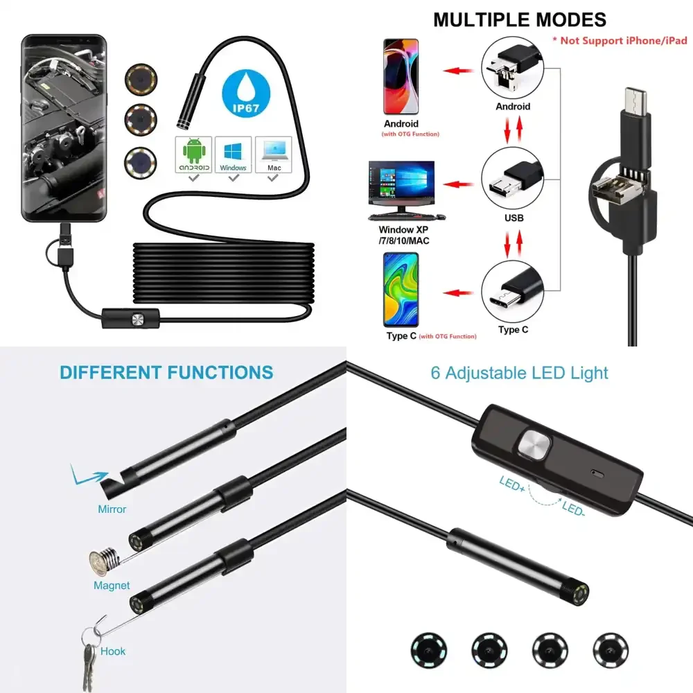 

Промышленный инспекционный инструмент OEM 3-в-1 с интерфейсом USB Type-C, разрешением 640x480, диаметром 5,5 мм, кабелем 1,5 м