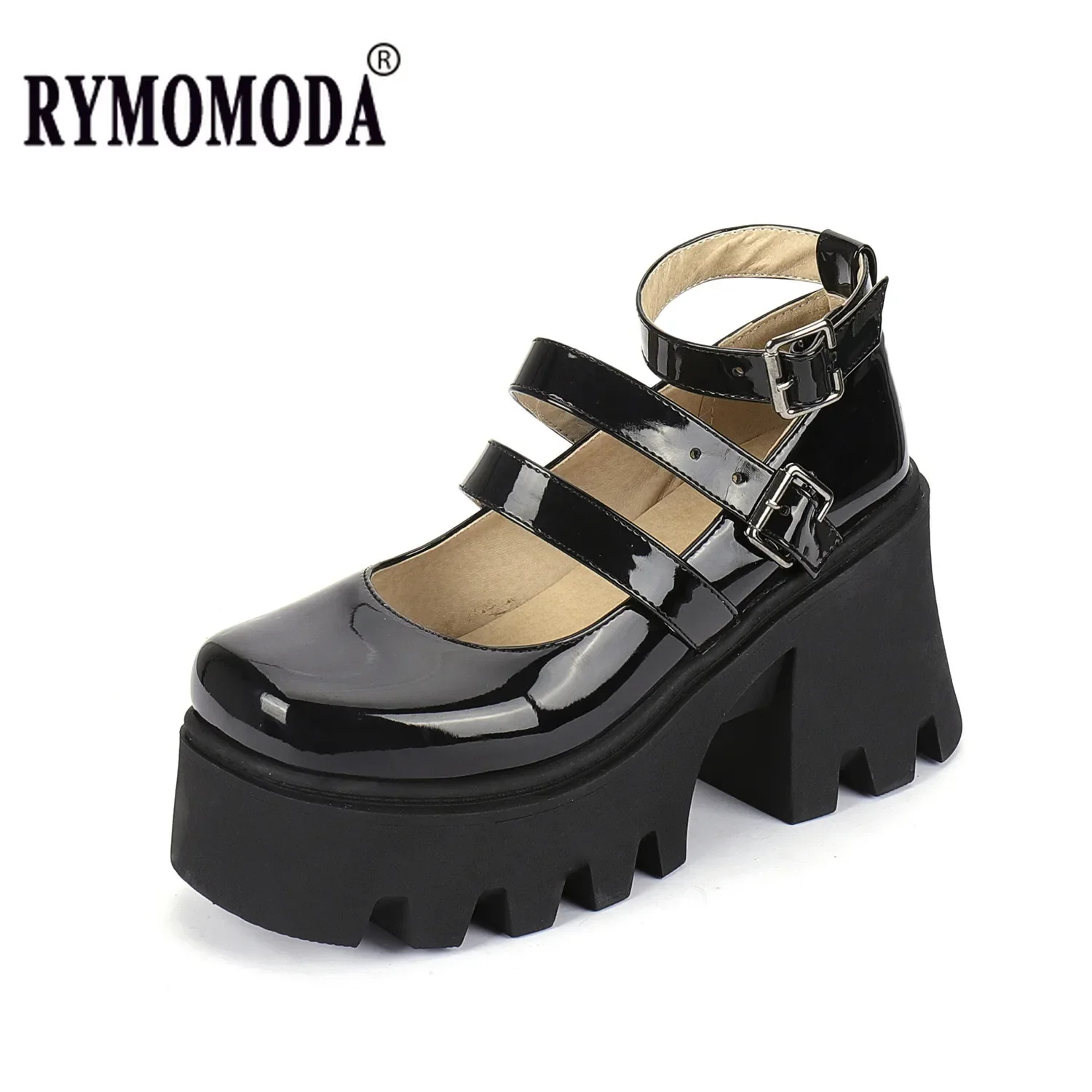 

Big Size 41 42 43 Womens Platform Pumps 2025 Spring Fall 9cm High Heels Patent Leather Black Mary Jane Belt Buckle Girls Shoes