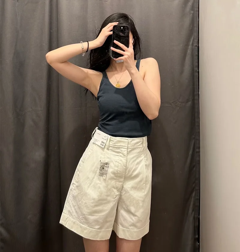 High Waist Wide Leg Pleated Shorts Casual Pants Straight Cut Mid-Calf Summer Women's Mixed Linen Trousers Commute Style