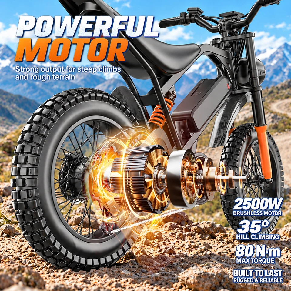 ASKGO Adult Electric Dirt Bike, 2500W Peak Motor, 80Nm Torque, 38MPH Max Speed, 65 Miles Range, 48V 25AH Removable Battery, 20" Fat Tire All-Terrain E-Bike with NFC Unlock image 4