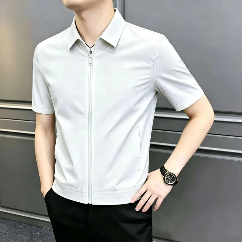

Men's Summer Solid Color Casual Ice Silk Short Sleeve Zipper Jacket Lightweight Breathable Collared Sleeveless Design