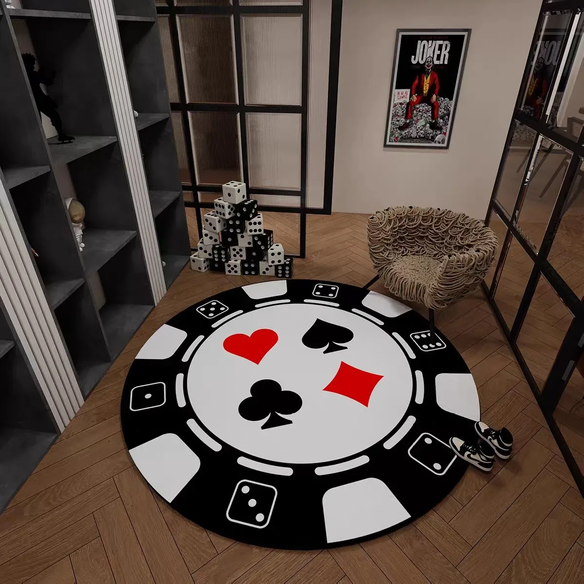 Round Living Room Rug Casino Poker Chip Patterned Carpet Sofa Coffee Table Floor Mat Non Slip Game Room Decoration