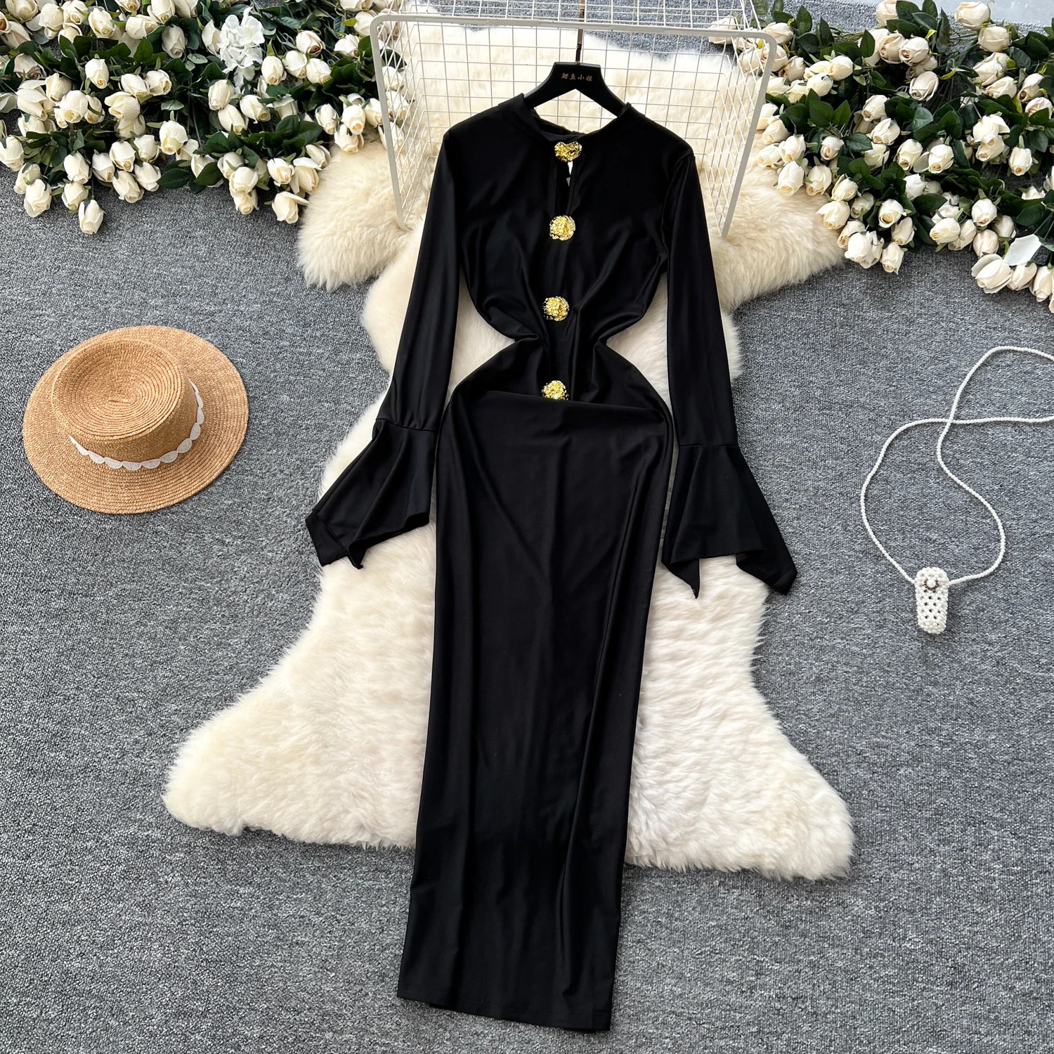 Women O-neck Vintage Long Flare Sleeve Elegant Metal Buckle Slim Split Long Dresses French Evening High Street Autumn Clothing