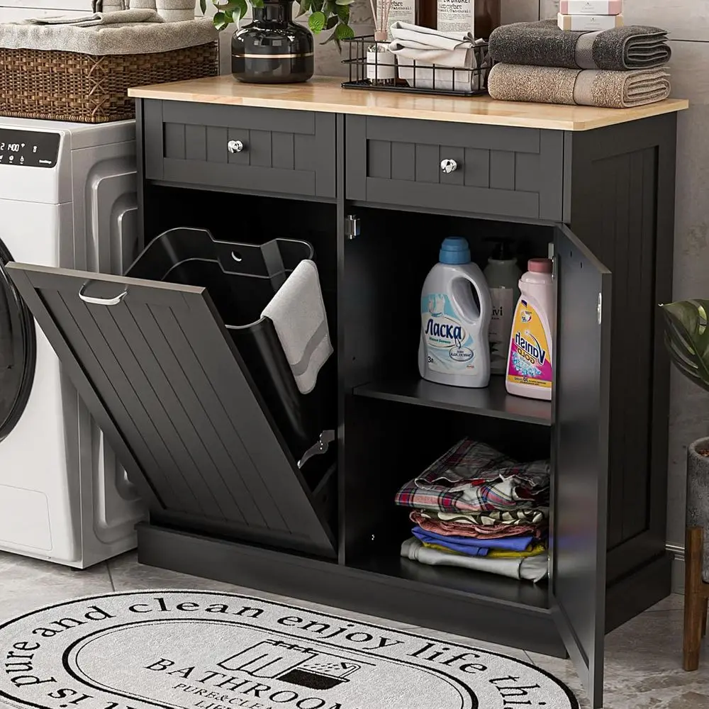 

Black 13-Gallon Tilt-Out Trash Cabinet with Hidden Drawers for Kitchen & Living Room, Pet-Resistant