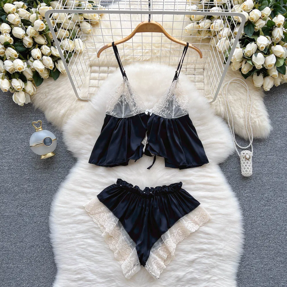 Short Women's 2 Piece Suits Contrast Lace Lingerie Tie Front Mesh Spaghetti Strap Bralette and Panty Sexy Top+pants Set