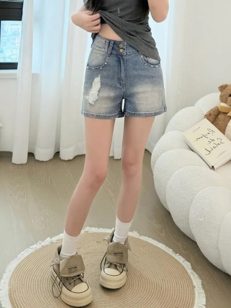 American Style Vintage Blue Faded Denim Shorts Women's Loose Fit High Waist Summer New Casual Cotton Jeans High Quality