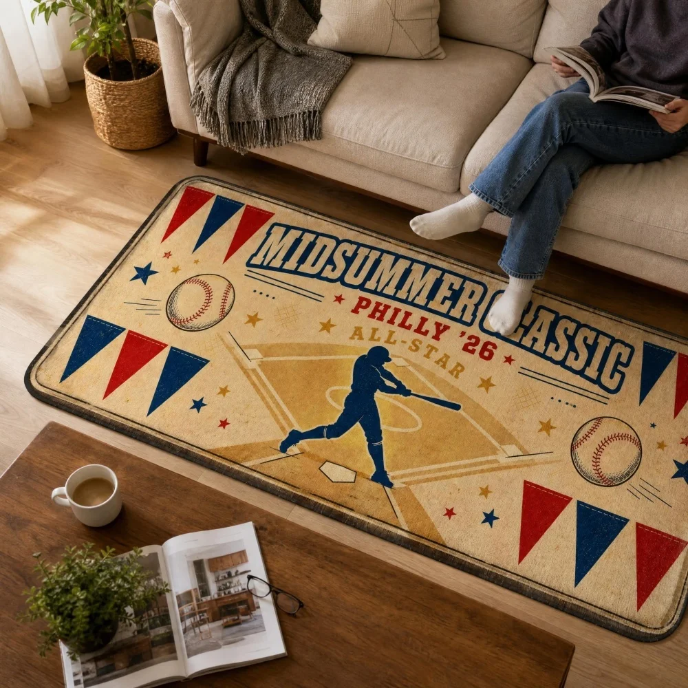 Vintage Baseball Sport Flannel Runner Rug, Retro All Star Long Floor Mat, Non Slip Boys Bedroom Sports Room Decor Rug