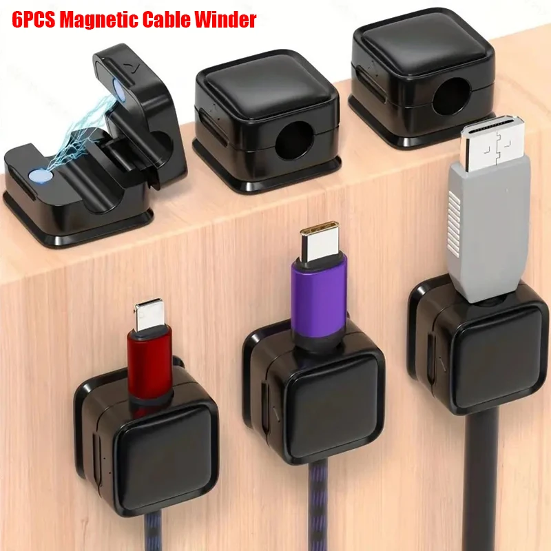 6PCS Magnetic Cable Clips Cable Winder Adjustable Cord Holder Under Desk Cable Management Wire Keeper Cable Organizer Holder