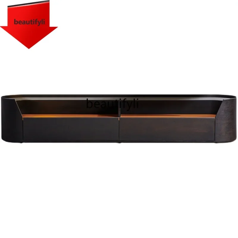 K185 Italian Modern Light Luxury Simple TV Cabinet Circular Arc Floor Cabinet Smoky Oak Bedroom Floor Low Cabinet