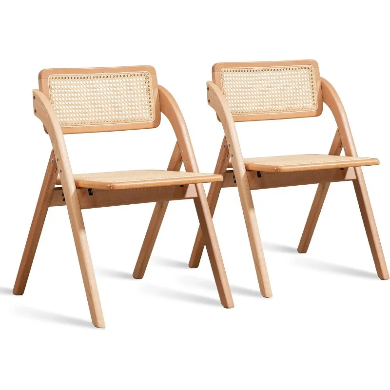 Folding Dining Chairs Set of 2, Wooden Folding Chairs with Leather-Woven Backrest and Widened Seat Foldable Extra Chair