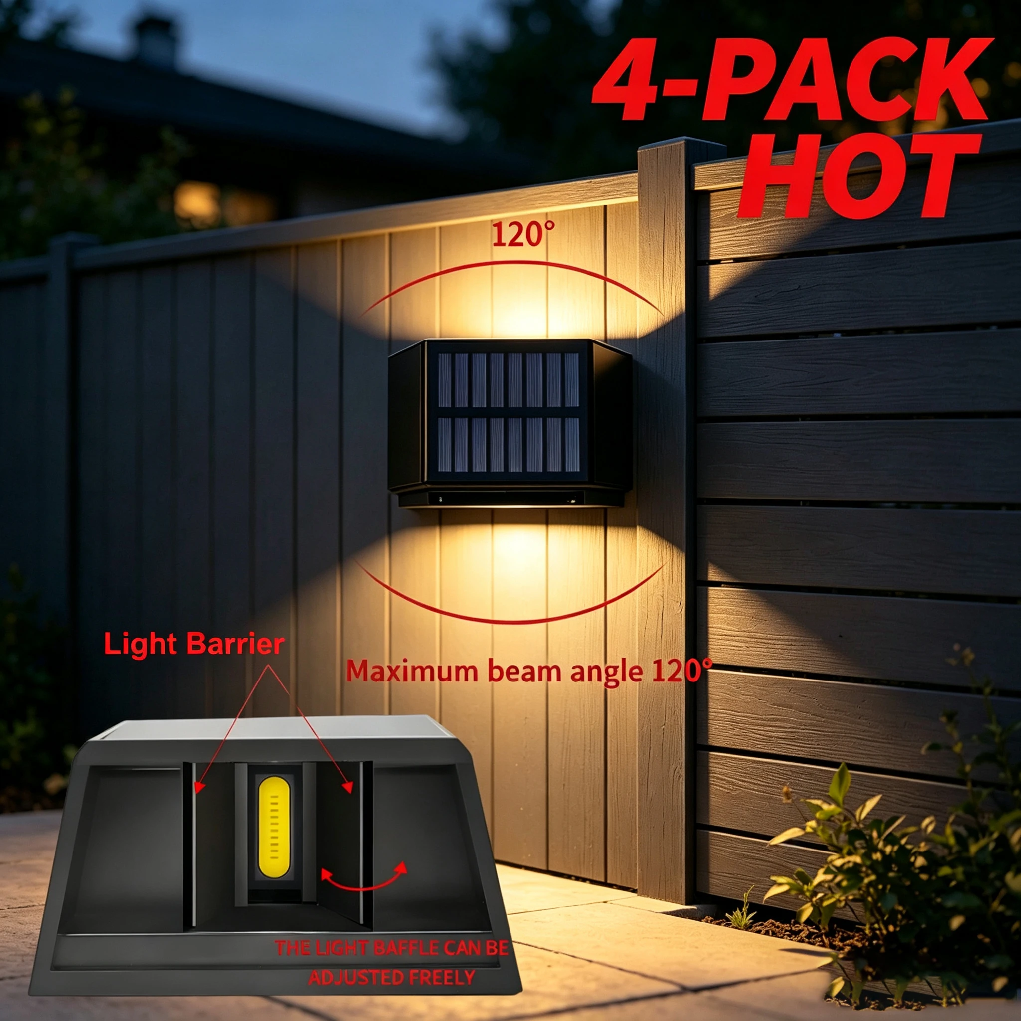 Confezione da 4 lampade da parete a energia solare, luce bianca calda, impermeabili IP65, con angolo regolabile, faretti LED per esterni, ideali per illuminare giardini, recinzioni, patii e vialetti.