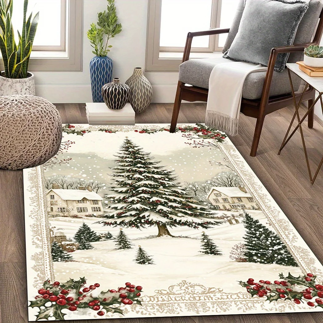 1pc Christmas Village Scene Area Rug, Washable Snow‑Scene Festive Design, Christmas Home Decor Rug for Living Room