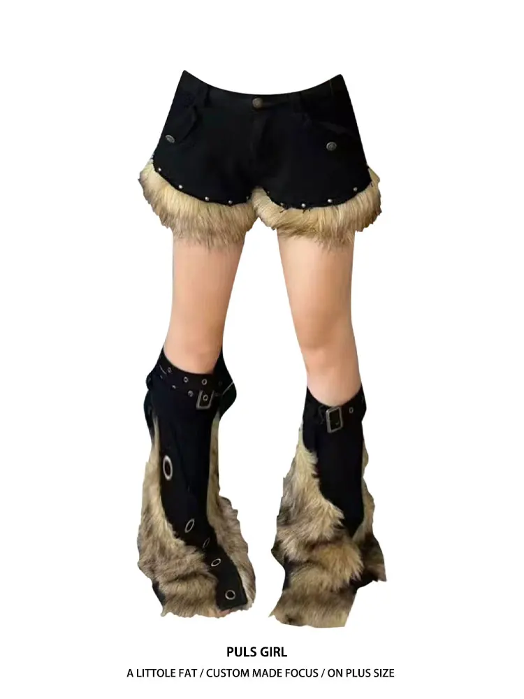 

Женские шорты с низкой талией, плюшевые, с декоративными вставками, в американском ретро-стиле, повседневные, облегающие, летние, больших размеров