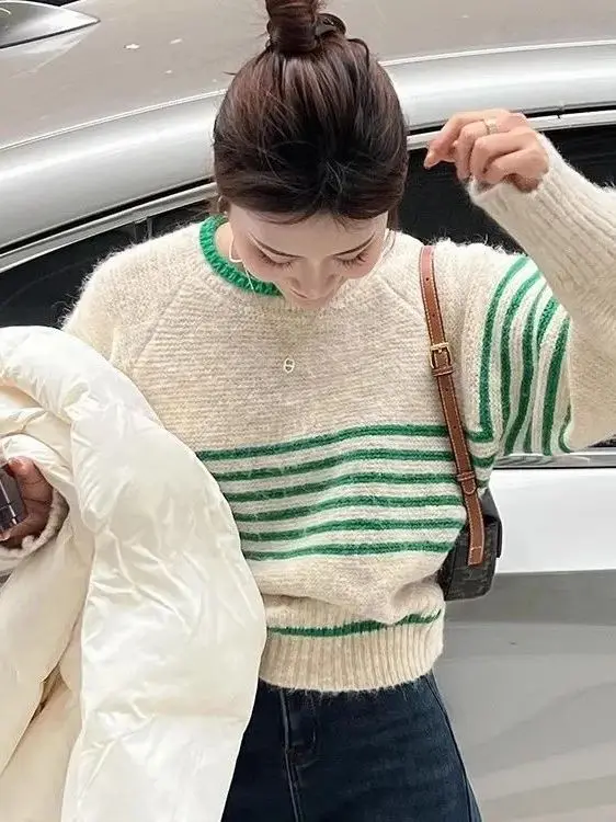 

Вязаный свитер в полоску в стиле ретро, свободный крой, накладной крой, осень-зима, корейский модный, Новое поступление, удобный круглый топ