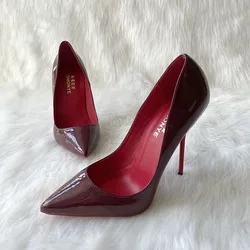 Free Shippping Brand Designer Wine Patent Leather 12cm Super Women Lady Strange High Heel Shoes Pump Plus Size 46 45