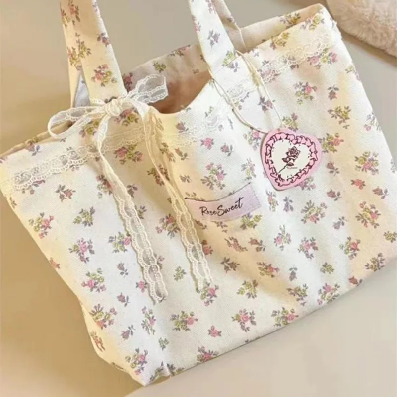 Yellow Sweet Printed Canvas Handbag Large Capacity Floral New Forest Flower Commuting Lace Canvas Shoulder Bag