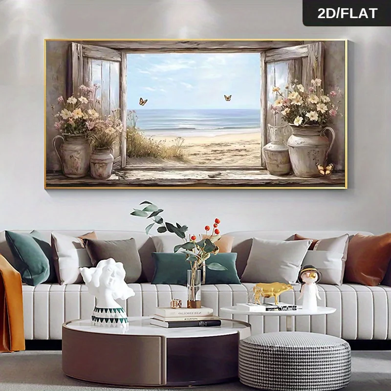 2D Flat Modern Abstract Frameless Beach View Through Rustic Window, Print Wall Art Canvas Painting, for Living Room And Bedroom