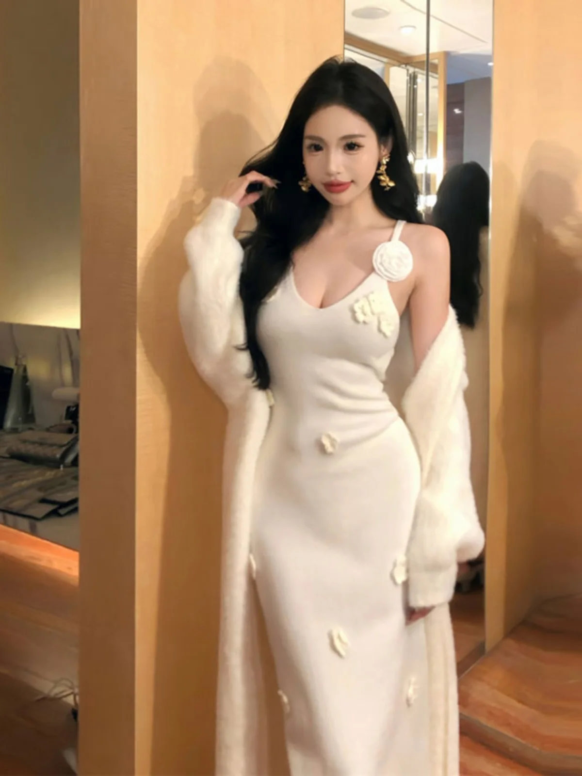 

Elegant Knitted Strap Dress Cardigan Two-Piece Set for Ladylike Women Comfortable Cotton Long Sleeve V-Neck Short Skirt