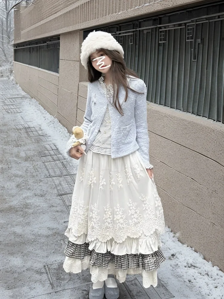 Sweet Girl Feel Plaid Lace Splicing  Skirt Women Spring Autumn Heavy Design Sense Youthful Long Skirt Korean Style Commute