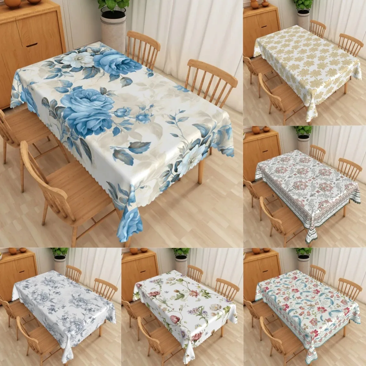 

Elegant Vintage Floral Table Cover Waterproof Polyester 2D Flat Printed Spring Plant Tablecloth Kitchen Home Party Desk Decor