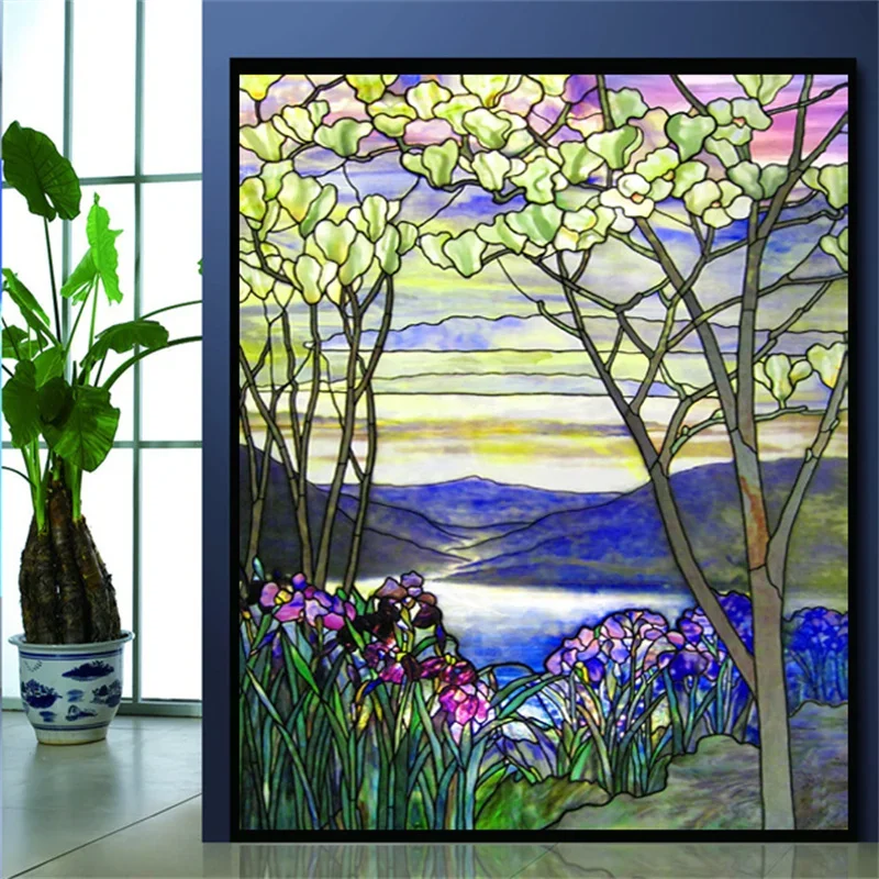 Static Cling Window Film Stained Glass Stickers Trees Pattern Non-Adhesive Privacy Bathroom Living Room Home Decor