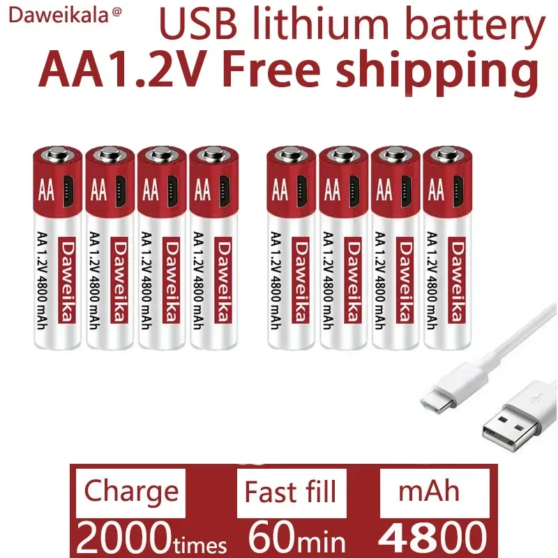 2025 جديد USB شحن سريع 1.2 فولت AA 4800 مللي أمبير بطارية ليثيوم قابلة للشحن لإنذار بندقية التحكم عن بعد لعبة الفأر البطارية