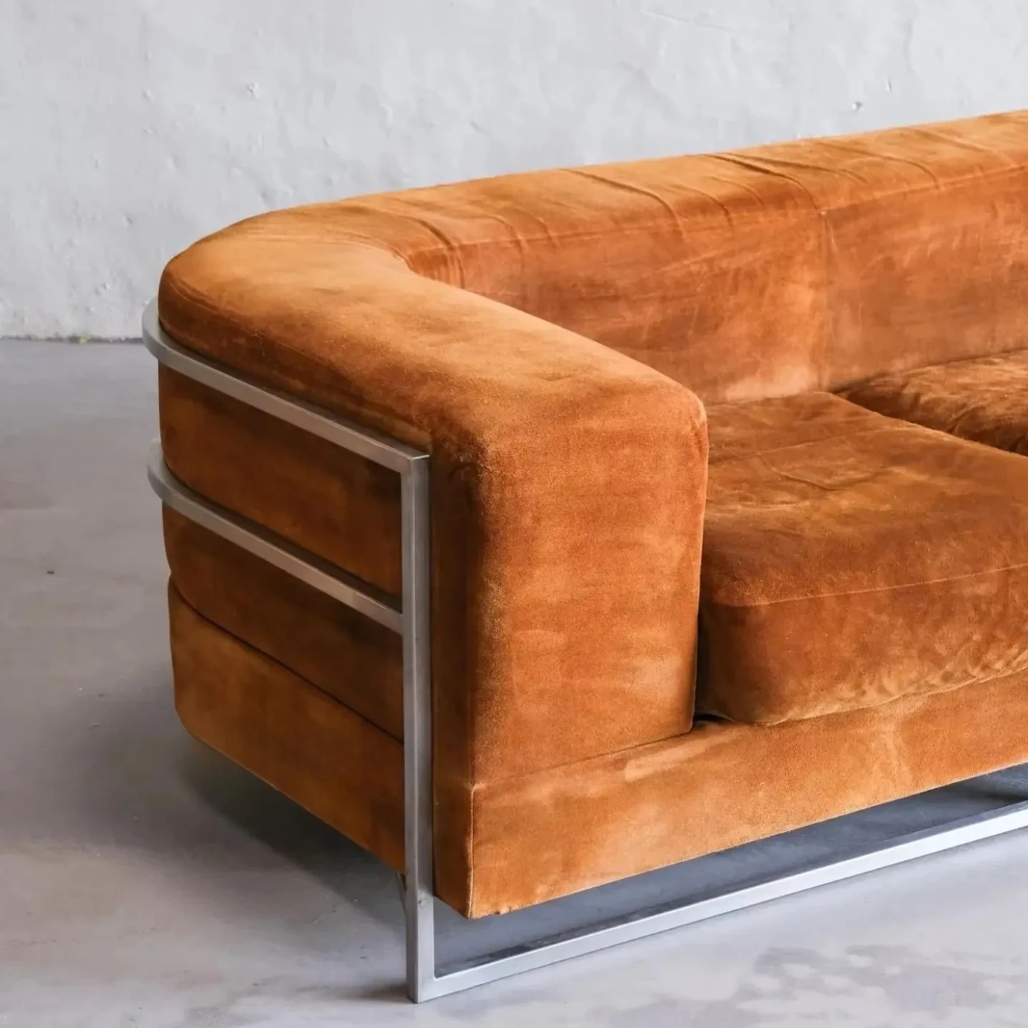 A  retro medieval Maillard Bauhaus mid-century matte cloth sofa