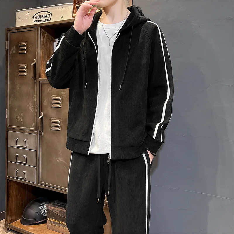 Big Size 8xl 7xl Corduroy Men\'s Tracksuit Set Black Hoodie Pants 2pcs Suits Autumn Winter Jacket Hooded Oversize Sportswear Man