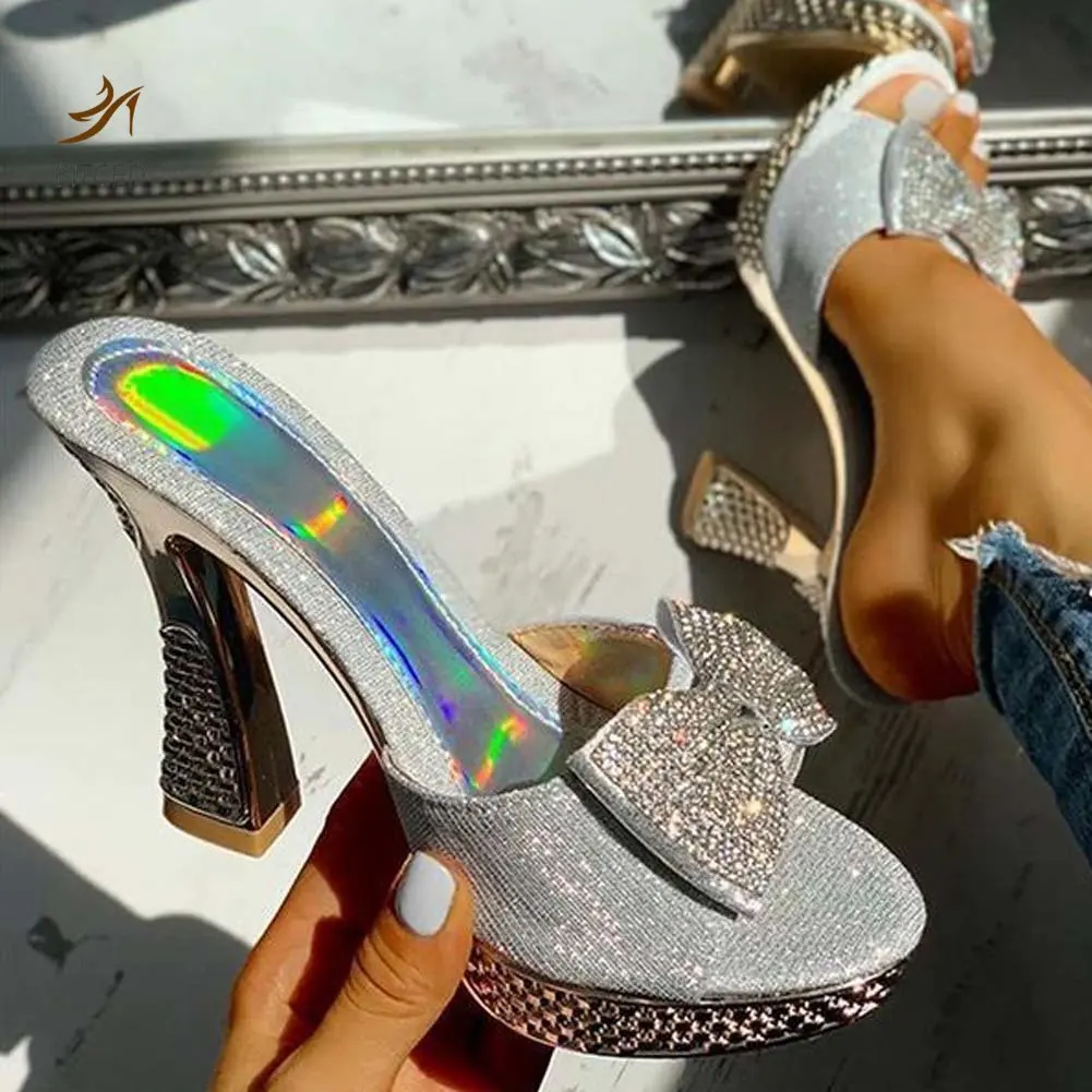 Trendy Fashion Female Bowknot Sexy Slippers 2022 Summer Slippers Women Platform Crystal Thick High Heels Shoes Woman