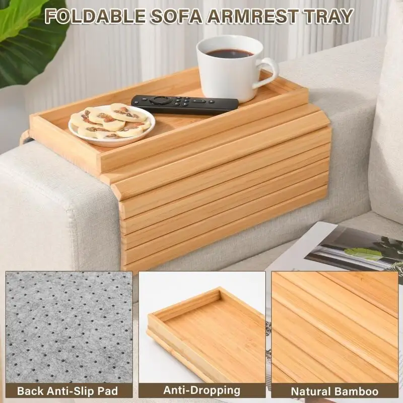 1 bamboo sofa arm tray, anti-fall sofa arm tray, foldable sofa arm tray sofa arm table, used for dining, snacks, remote control,