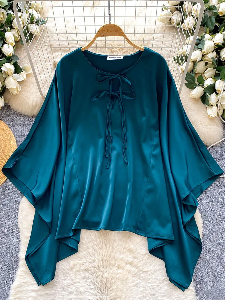 

Женская блузка с рукавами «летучая мышь» на весну-лето, с V-образным вырезом, бантом, из атласной ткани, свободного кроя, эластичная, элегантная, топ, женская блуза BL356