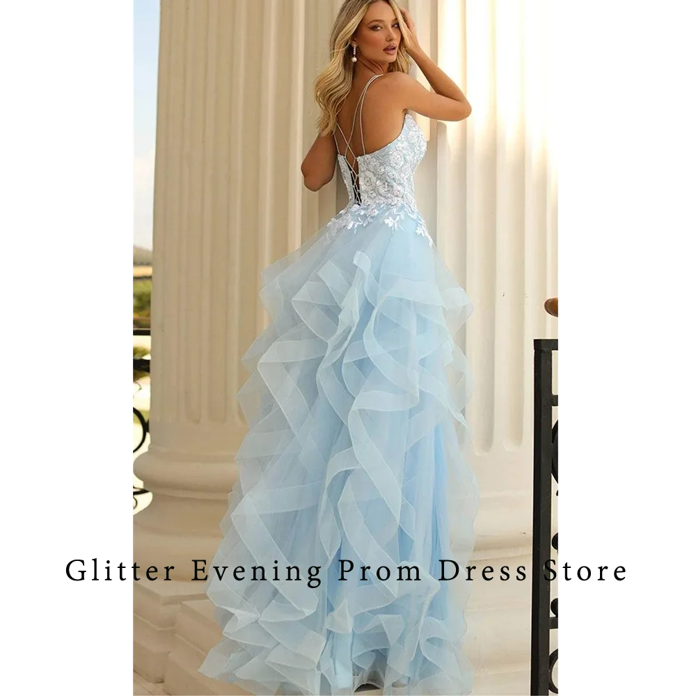 Elegant Sexy Appliques Prom Dresses For Women Spaghetti Strap V-Neck Tiered Backless Lace Up Custom Birthday Evening Party Grows