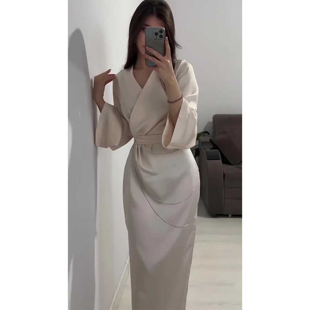 Satin Elegant Solid Long Dress Women V Collar Lace Up Long Sleeve Dresses with Metal Chain Female 2024 Spring Autumn Lady Robe