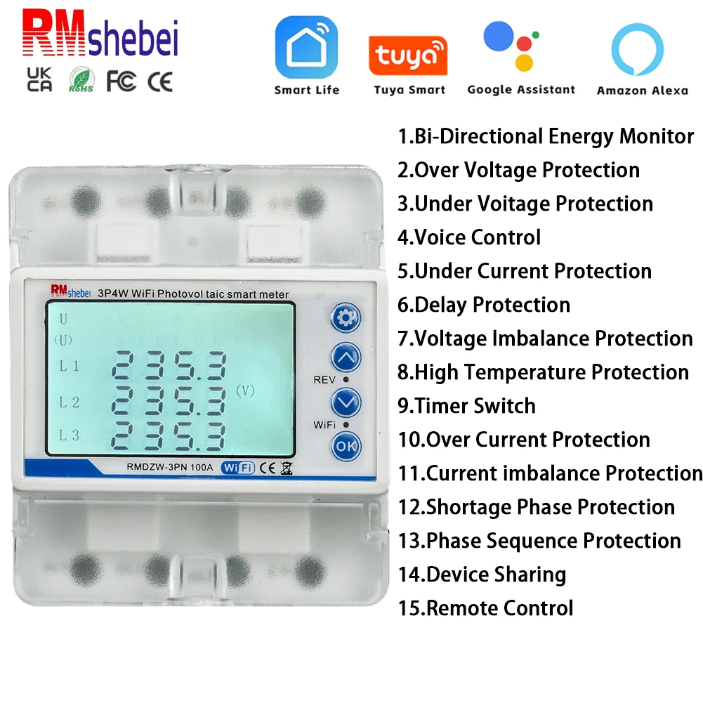 

RMshebei Smart WiFi цифровой ЖК-дисплей автоматический выключатель 3-фазный 4-проводной многофункциональный счетчик энергии TUYA Smart 100A 220 В