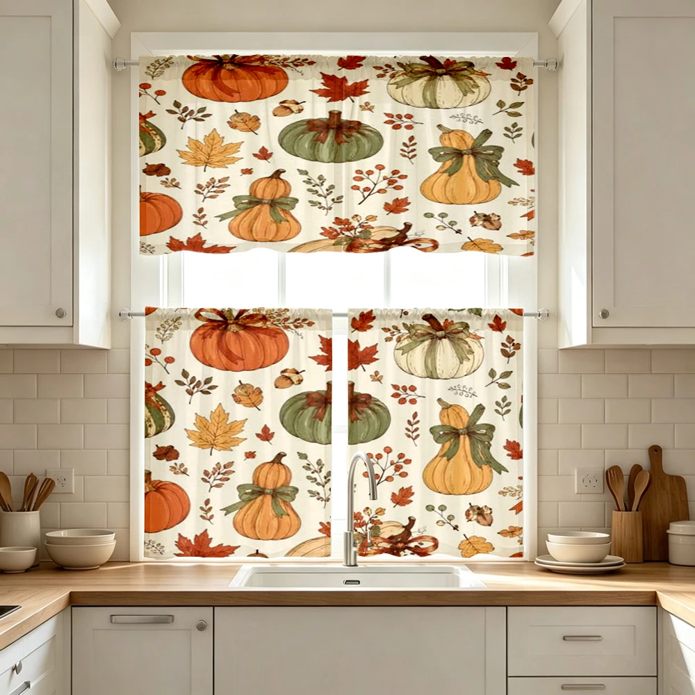 Thanksgiving Fall Kitchen Curtains, Colorful Pumpkin Bow, Digital Print, Kitchen Dining Room, Rod Pocket Polyester, Home Decor