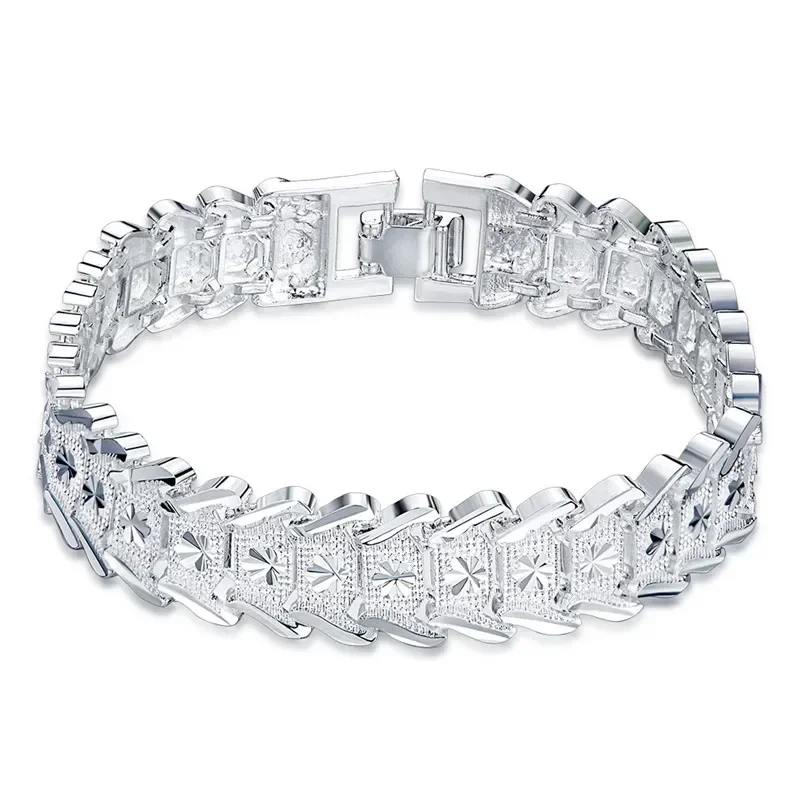 925 Sterling Silver Wide Wristband Bracelet Chain For Women Man Wedding Engagement Party Fashion Jewelry