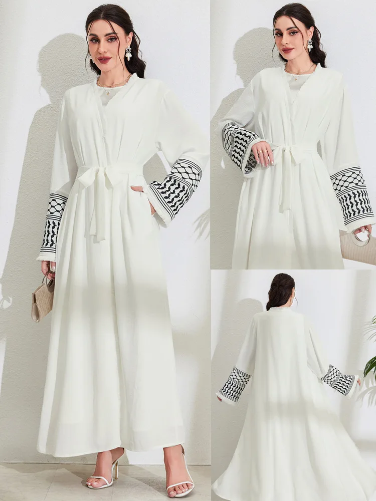 

Элегантное платье-кардиган с вышивкой, цветными блоками и поясом, макси-платье с рукавами, скромное мусульманское платье, роскошное платье с цветочным декором