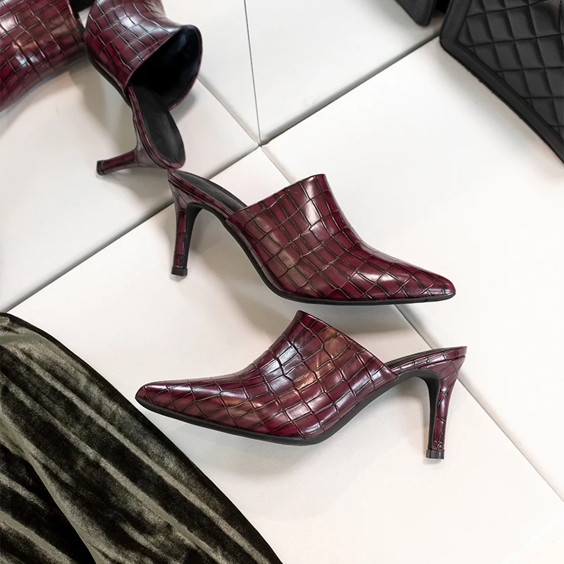 

Pointed Toe Stone Pattern Leather High Heels Black Chunky Heels Pumps Slip On Casual Elegant Dress Women Mule Shoes