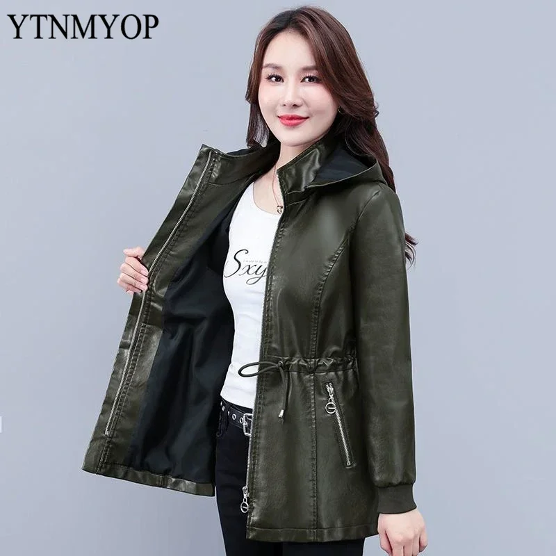 YTNMYOP-Chaqueta ajustada de cuero con capucha para mujer, abrigo con cordón, ropa de calle, talla grande, S-4XL, primavera y otoño